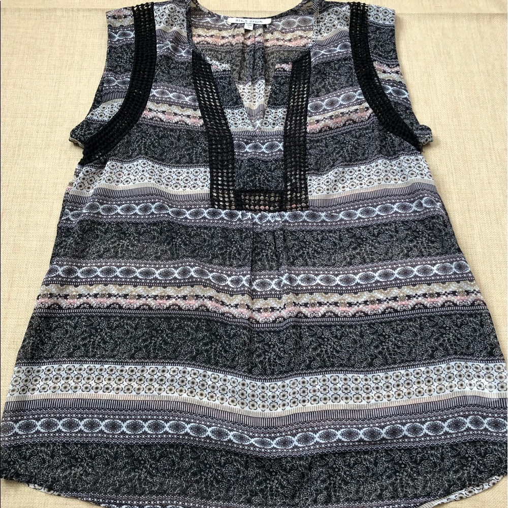 Black Rainn Boho Sleeveless Sheer Striped Top Tank Blouse